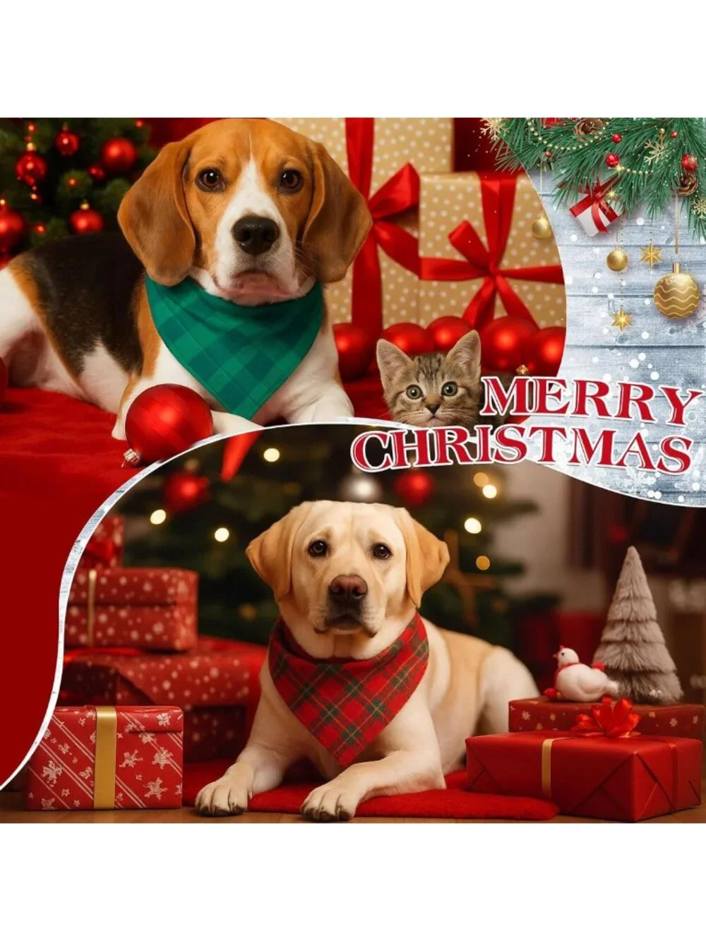 200 Pcs Christmas Plaid Dog Bandanas - Red & Green Gingham Pet Accessories